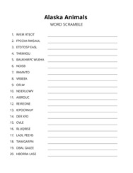 Alaska Animals word scramble puzzle