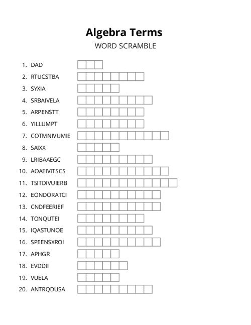 Algebra Terms Word Scramble Puzzle