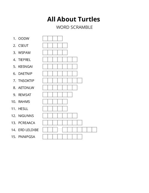 All About Turtles Word Scramble Puzzle