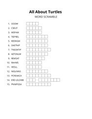 All About Turtles word scramble puzzle