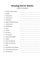 Amazing Horror Movies word scramble puzzle