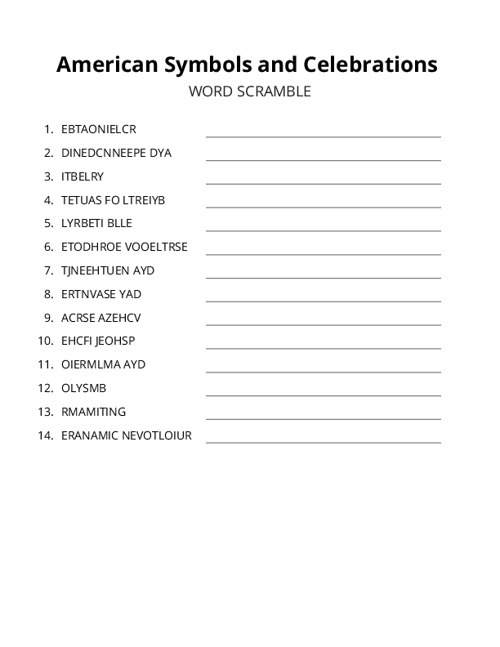 American Symbols and Celebrations Word Scramble Puzzle