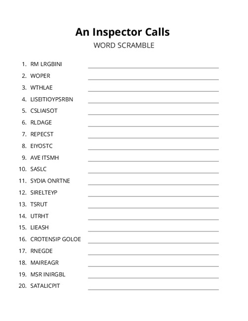 An Inspector Calls Word Scramble Puzzle