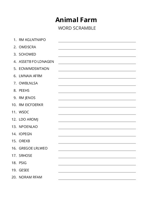 Animal Farm Word Scramble Puzzle