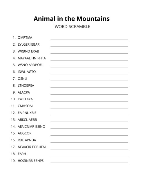 Animal in the Mountains Word Scramble Puzzle