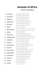 Animals of Africa word scramble puzzle