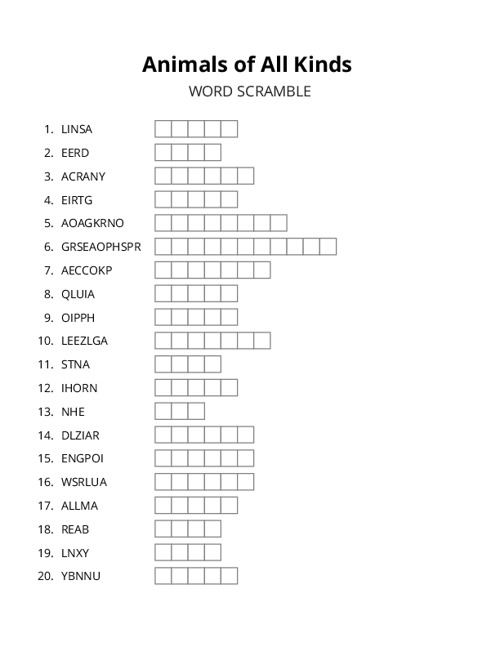 Animals of All Kinds Word Scramble Puzzle