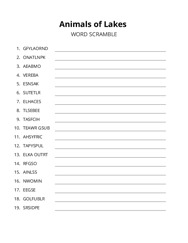 Animals of Lakes word scramble puzzle