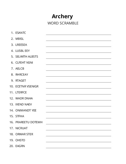 Archery Word Scramble Puzzle