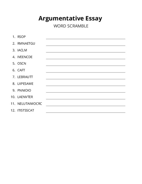 Argumentative Essay Word Scramble Puzzle