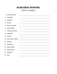 Australian Animals word scramble puzzle