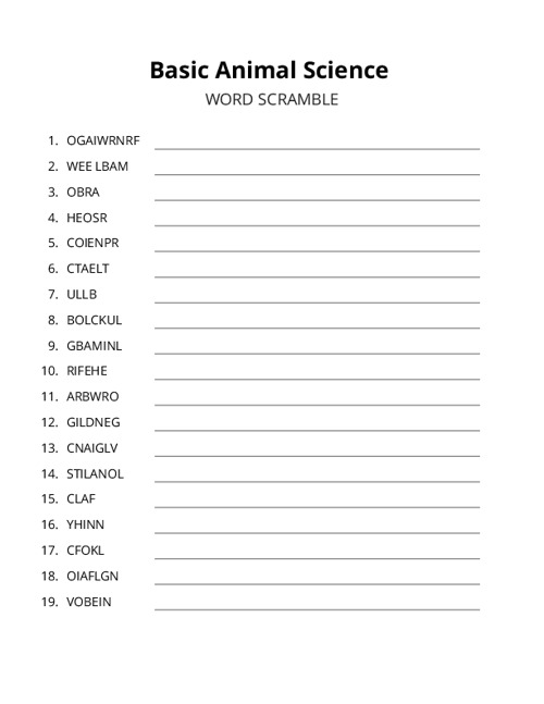 Basic Animal Science Word Scramble Puzzle