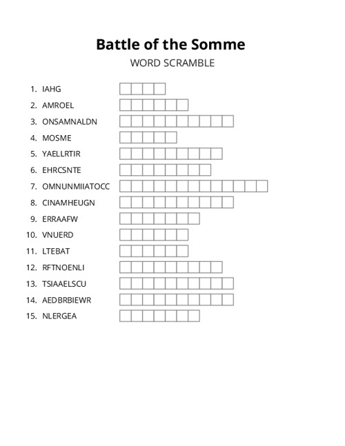 Battle of the Somme Word Scramble Puzzle