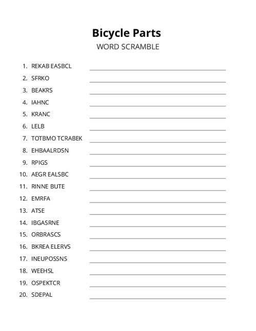 Bicycle Parts Word Scramble Puzzle