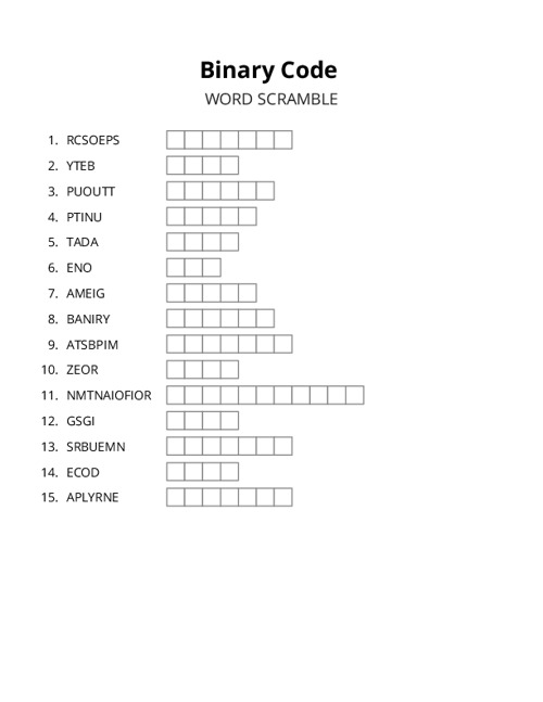 Binary Code Word Scramble Puzzle
