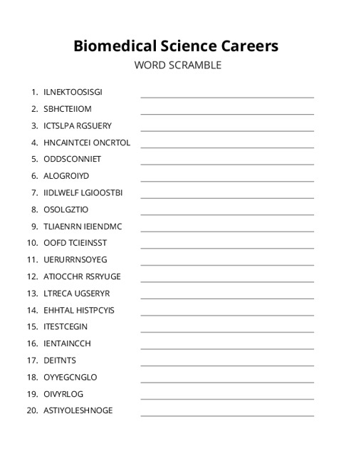 Biomedical Science Careers Word Scramble Puzzle