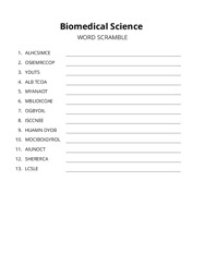 Biomedical Science word scramble puzzle