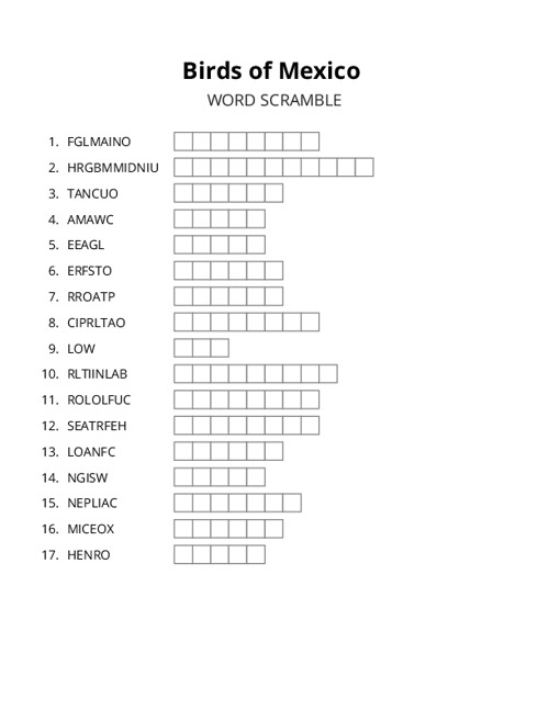 Birds of Mexico Word Scramble Puzzle