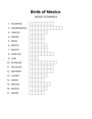 Birds of Mexico word scramble puzzle