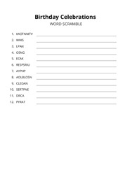 Birthday Celebrations word scramble puzzle
