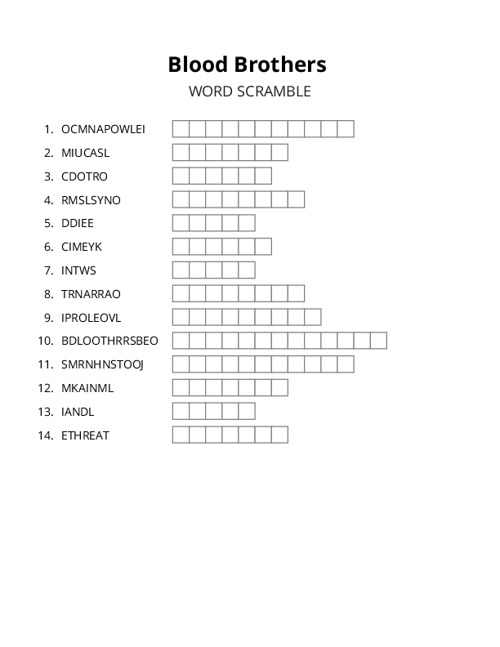 Blood Brothers Word Scramble Puzzle