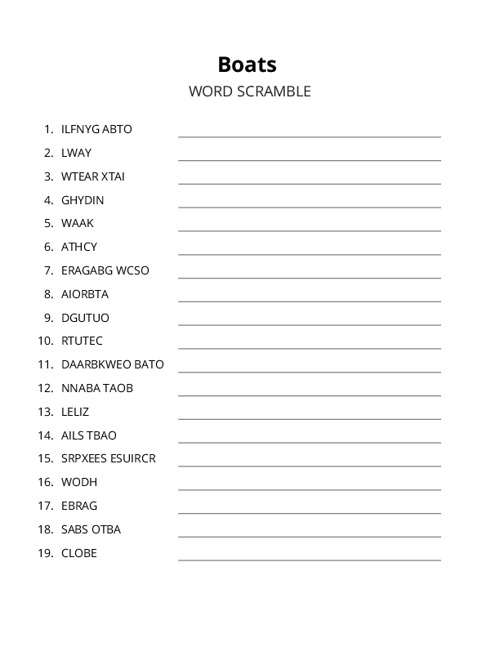 Boats Word Scramble Puzzle