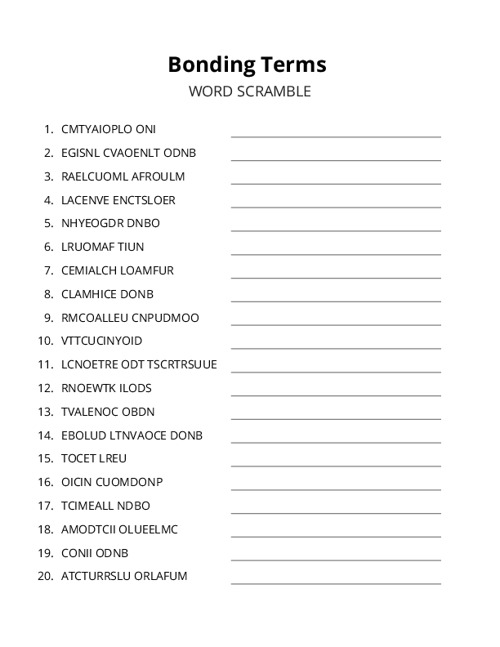 Bonding Terms Word Scramble Puzzle