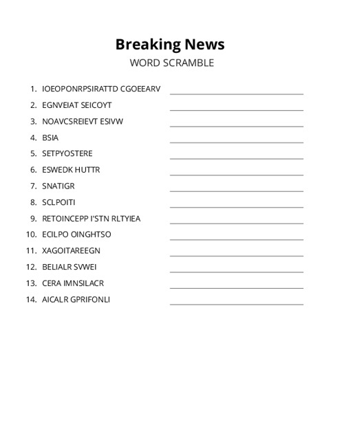 Breaking News Word Scramble Puzzle