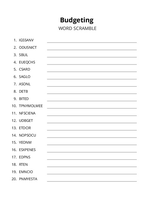Budgeting Word Scramble Puzzle