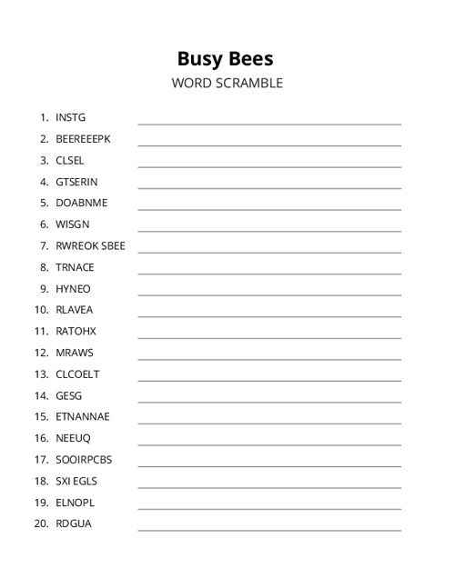 Busy Bees Word Scramble Puzzle