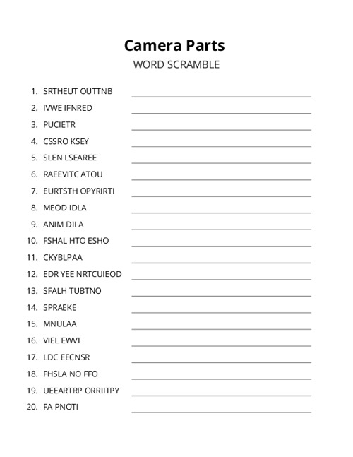 Camera Parts Word Scramble Puzzle