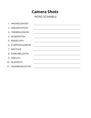 Camera Shots word scramble puzzle