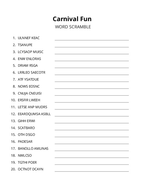 Carnival Fun Word Scramble Puzzle
