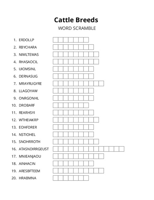 Cattle Breeds Word Scramble Puzzle
