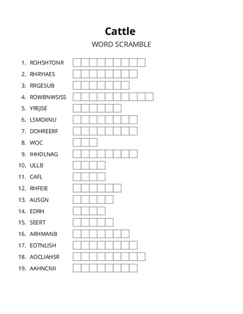 Cattle Word Scramble Puzzle