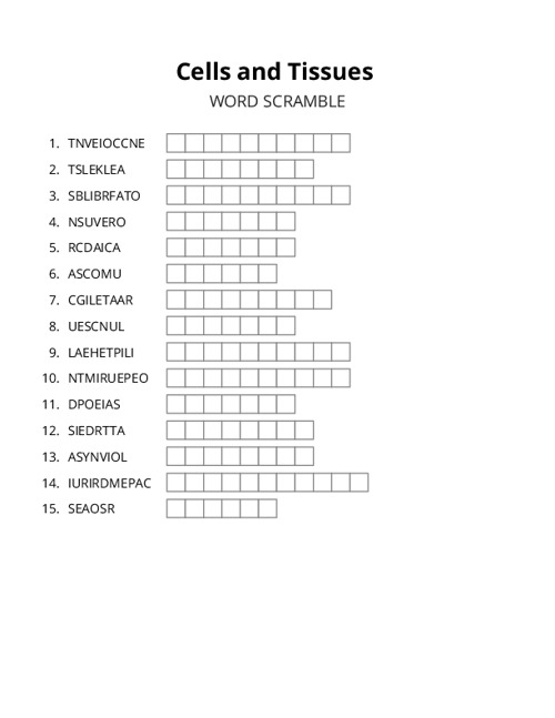 Cells and Tissues Word Scramble Puzzle