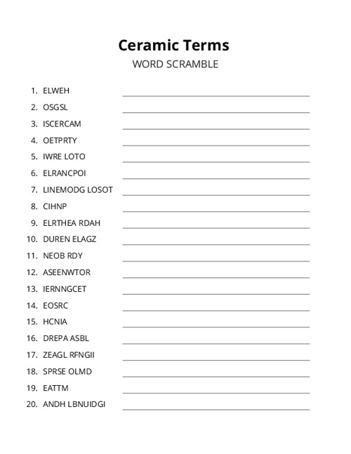 Ceramic Terms Word Scramble Puzzle