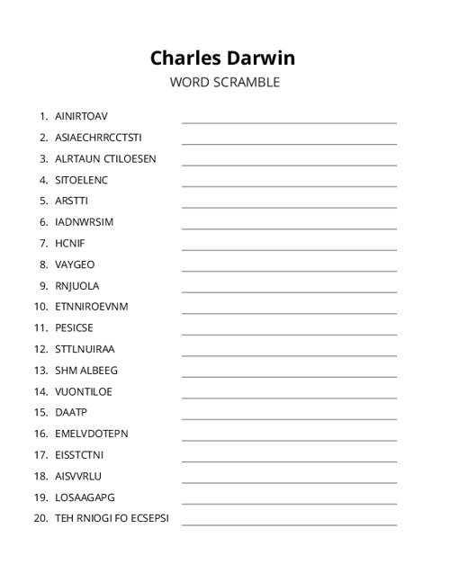 Charles Darwin Word Scramble Puzzle
