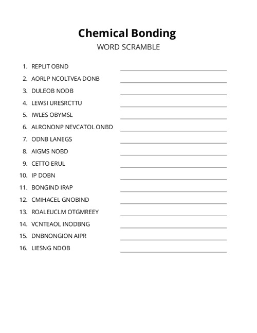 Chemical Bonding Word Scramble Puzzle