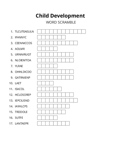 Child Development Word Scramble Puzzle