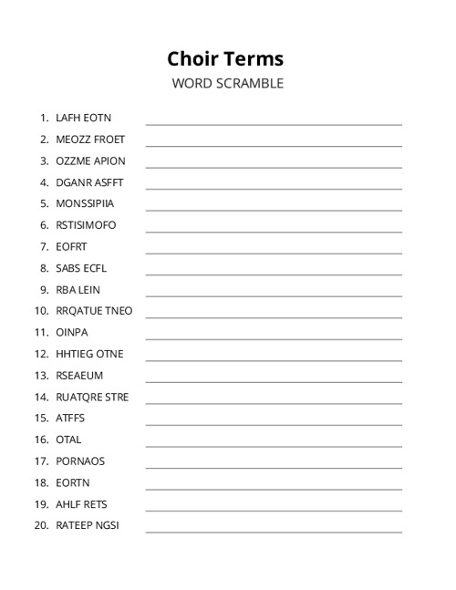 Choir Terms Word Scramble Puzzle