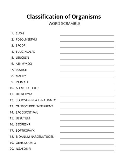 Classification of Organisms Word Scramble Puzzle