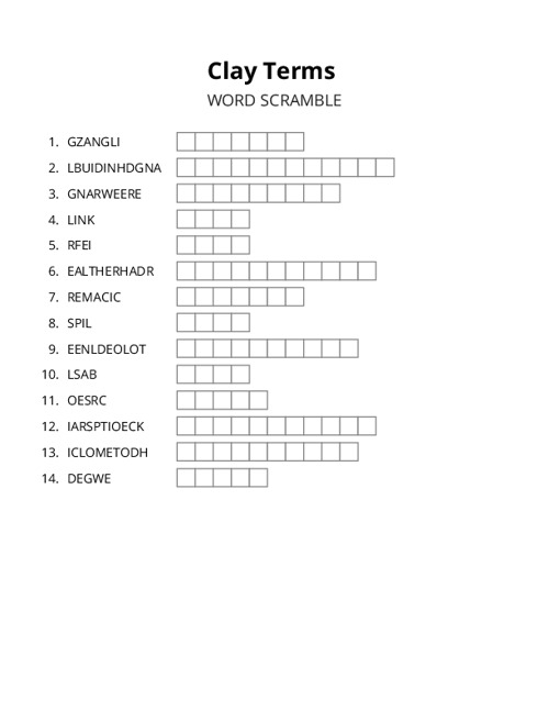 Clay Terms Word Scramble Puzzle