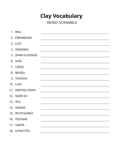 Clay Vocabulary Word Scramble Puzzle