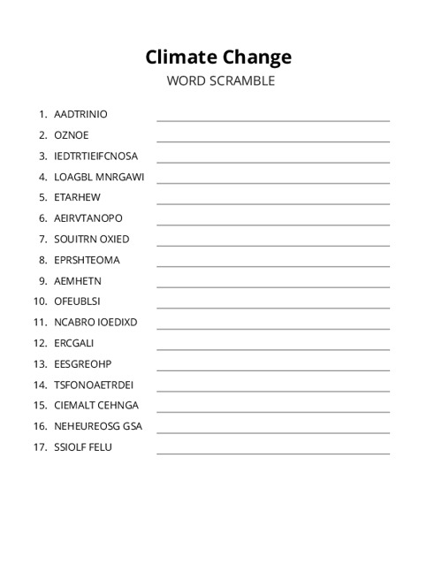 Climate Change Word Scramble Puzzle