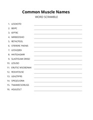 Common Muscle Names word scramble puzzle