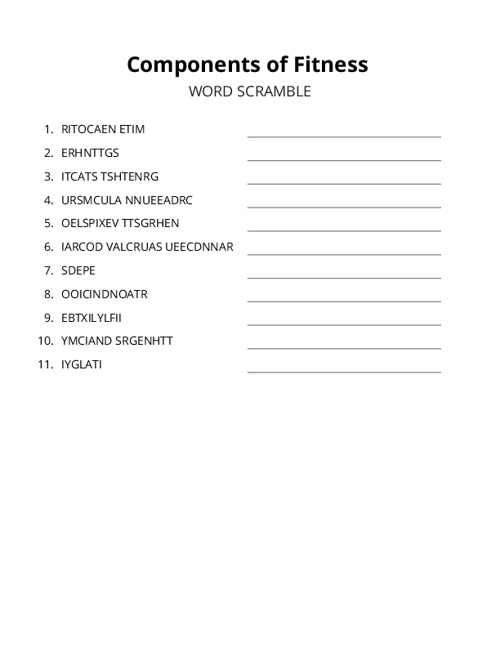 Components of Fitness Word Scramble Puzzle