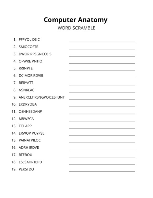 Computer Anatomy Word Scramble Puzzle