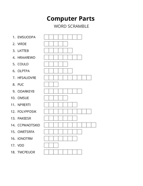 Computer Parts Word Scramble Puzzle