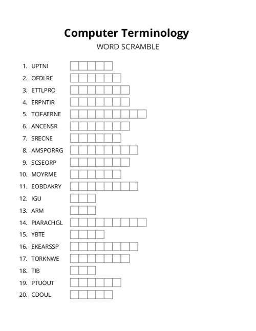 Computer Terminology Word Scramble Puzzle